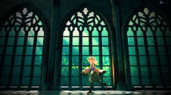 Rule 34 | 1girl, alternate hair color, alternate hat color, arch, architecture, arms up, black footwear, black pantyhose, blonde hair, boots, checkered floor, closed eyes, commentary, floating hair, frilled sleeves, frills, from side, furahata gen, gothic architecture, green hat, green skirt, hat, hat ribbon, heart, heart of string, highres, komeiji koishi, leg lift, light particles, light rays, medium hair, pantyhose, ribbon, shirt, skirt, sleeves past fingers, sleeves past wrists, solo, sunbeam, sunlight, symbol-only commentary, third eye, tile floor, tiles, touhou, walking, wide shot, wide sleeves, window, yellow shirt