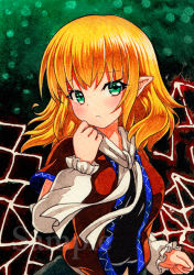 Rule 34 | 1girl, arm warmers, bad id, bad pixiv id, blonde hair, blush, closed mouth, green eyes, looking at viewer, mizuhashi parsee, pointy ears, qqqrinkappp, sample watermark, short sleeves, solo, touhou, traditional media, upper body, watermark