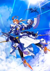 Rule 34 | 1girl, alternate eye color, black legwear, blue sky, brown hair, cloud, commentary request, d:, elbow gloves, floating hair, flying, from behind, gloves, highres, long hair, looking at viewer, looking back, lyrical nanoha, magical girl, mahou shoujo lyrical nanoha strikers, mecha musume, midair, mikazuki akira!, open mouth, red eyes, sky, solo, sun, takamachi nanoha, twintails