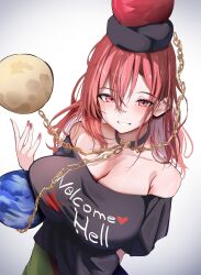 Rule 34 | 1girl, 258n, absurdres, black headwear, black shirt, blush, breasts, chain, cleavage, clothes writing, collarbone, earth (ornament), fingernails, grin, hair between eyes, hecatia lapislazuli, highres, large breasts, looking at viewer, medium hair, nail polish, off-shoulder shirt, off shoulder, red eyes, red hair, red nails, shirt, short sleeves, smile, solo, t-shirt, touhou, upper body