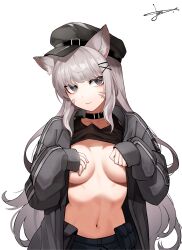 Rule 34 | 1girl, absurdres, animal ears, artist request, black choker, black hat, black jacket, black shirt, breasts, breasts apart, cat ears, choker, closed mouth, clothes lift, commentary request, commission, covering breasts, covering privates, facial mark, grey eyes, hands up, hat, highres, jacket, korean commentary, long hair, long sleeves, looking at viewer, medium breasts, navel, no bra, open clothes, open jacket, original, peaked cap, resia (emonmong), second-party source, shirt, shirt lift, signature, simple background, sleeveless, sleeveless shirt, solo, stomach, tank top, upper body, very long hair, white background, white hair