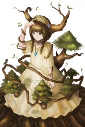 Rule 34 | 1girl, absurdres, antlers, armlet, bird, braid, branch, brown eyes, brown hair, commentary, fantasy, fjsmu, flower, hair flower, hair ornament, hairband, hand on own head, highres, horns, jewelry, leaf, long hair, nature, no legs, original, pendant, plant roots, simple background, smile, solo, tree, twin braids, white background