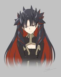 Rule 34 | &gt;:(, 1girl, artist request, black bodysuit, black hair, bodysuit, breasts, brown eyes, cleavage, cleavage cutout, closed mouth, clothing cutout, fate/grand order, fate (series), grey background, highres, horns, ishtar (fate), long hair, looking at viewer, multicolored hair, red hair, scowl, sidelocks, simple background, small breasts, solo, space ishtar (fate), space ishtar (first ascension) (fate), two-tone hair, two side up, tyone, very long hair