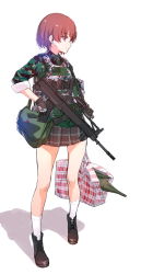 Rule 34 | 1girl, ankle boots, assault rifle, bag, boots, brown eyes, brown hair, bullpup, camouflage, cross-laced footwear, digital camouflage, gloves, gun, gun sling, high-explosive anti-tank (warhead), highres, lace-up boots, man-portable anti-tank systems, military, military operator, nightmaremk2, open bag, original, people&#039;s liberation army, plaid, plaid skirt, qbz-95, red star, rifle, rocket-propelled grenade, rocket (projectile), rocket launcher, rpg, rpg-7, rpg (weapon), school bag, short hair, skirt, socks, solo, standing, star (symbol), weapon