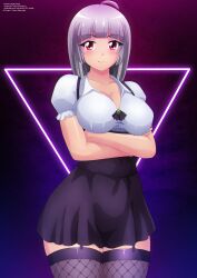 Rule 34 | 1girl, absurdres, ahoge, black skirt, black thighhighs, blue background, blush, breasts, cleavage, collarbone, crossed arms, fishnets, garter straps, grey hair, highres, kanna albeecht, large breasts, looking at viewer, puffy sleeves, purple background, red eyes, shirt, short hair, short sleeves, skirt, smile, standing, suspender skirt, suspenders, thighhighs, two-tone background, white shirt, yukino memories, zel-sama