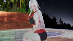 Rule 34 | 1girl, absurdres, ass, back, bare shoulders, bikini, breasts, dangomune, edelgard von hresvelg, feet in water, fire emblem, fire emblem: three houses, forehead, forest, grey hair, hair ribbon, highres, honey select, jewelry, large breasts, looking at viewer, looking back, nature, night, night sky, nintendo, outdoors, pool, poolside, purple eyes, purple ribbon, ribbon, sky, solo, swimsuit, thighs