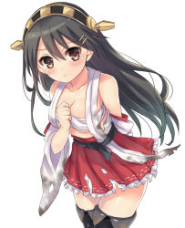 Rule 34 | 10s, 1girl, arm behind back, bad id, bad pixiv id, black hair, blush, breasts, brown eyes, burnt clothes, cleavage, detached sleeves, hair ornament, hairband, hairclip, hand on own chest, harimoji, haruna (kancolle), kantai collection, large breasts, long hair, nontraditional miko, personification, sarashi, skirt, solo, thighhighs, torn clothes, torn skirt, white background, zettai ryouiki