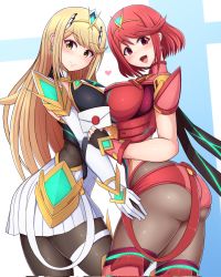 Rule 34 | 2girls, ahoge, ass, blonde hair, blush, boots, breast press, breasts, circlet, dress, fingerless gloves, gloves, highres, large breasts, long hair, looking at viewer, multiple girls, mythra (massive melee) (xenoblade), mythra (xenoblade), nintendo, open mouth, pantyhose, ponponmaru, pyra (xenoblade), red eyes, red hair, shiny clothes, short hair, short shorts, shorts, sideboob, skirt, smile, super smash bros., thigh boots, thighhighs, very long hair, xenoblade chronicles (series), xenoblade chronicles 2, yellow eyes