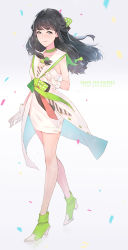 Rule 34 | 1girl, anniversary, bare shoulders, black hair, blush, bow, choker, collarbone, copyright name, dress, ekao, gloves, green bow, grey background, kuonji shizuka, long hair, looking at viewer, sailor collar, simple background, smile, solo, tokyo 7th sisters, walking, white gloves