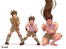 Rule 34 | 3boys, amputee, artist name, black hair, blood, blood on clothes, blood on hands, boots, broken arm, brown eyes, bruise, clenched hand, feriowind, full body, gon-san, gon freecss, hunter x hunter, injury, knee boots, long hair, male focus, midriff, multiple boys, multiple persona, simple background, sweat, very long hair, white background