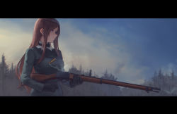 Rule 34 | 1girl, brown hair, closed mouth, cloud, coat, day, dorothy (princess principal), from side, genso, green coat, gun, holding, holding gun, holding weapon, letterboxed, lever action, long hair, outdoors, princess principal, profile, purple eyes, rifle, shell casing, sky, smile, smoke, solo, weapon