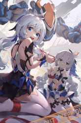Rule 34 | 2girls, :d, asc11, bare shoulders, black dress, blue eyes, bronya zaychik, bronya zaychik (herrscher of reason), closed mouth, crown, dress, drill hair, earrings, grey eyes, grey hair, highres, honkai (series), honkai impact 3rd, jewelry, looking at viewer, looking back, multiple girls, no shoes, open mouth, project bunny, restrained, seiza, side ponytail, sitting, sleeveless, sleeveless dress, smile, theresa apocalypse, theresa apocalypse (twilight paladin), twin drills, white dress, white hair, white legwear