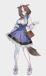 Rule 34 | 1girl, :d, absurdres, ahoge, animal ears, bag, blue dress, breasts, brown hair, center frills, commentary request, dress, echj, frills, grey background, hair between eyes, hairband, hand up, highres, horse ears, horse girl, horse tail, long sleeves, medium breasts, meisho doto (umamusume), multicolored hair, open mouth, pantyhose, puffy long sleeves, puffy sleeves, purple eyes, red hairband, shirt, shoes, shoulder bag, simple background, smile, solo, tail, two-tone hair, umamusume, white footwear, white hair, white pantyhose, white shirt