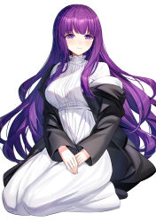 Rule 34 | 1girl, black jacket, breasts, closed mouth, commentary, dress, fern (sousou no frieren), full body, highres, jacket, long hair, long sleeves, looking at viewer, medium breasts, off shoulder, open clothes, open jacket, own hands together, purple eyes, purple hair, ririko (zhuoyandesailaer), seiza, simple background, sitting, smile, solo, sousou no frieren, very long hair, white background, white dress, wide sleeves