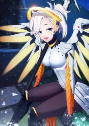 Rule 34 | 1girl, blonde hair, blue eyes, bodysuit, boots, breasts, daydream (zhdkffk21), gloves, halo, high ponytail, highres, lips, mechanical halo, mechanical wings, medium breasts, mercy (overwatch), open mouth, overwatch, overwatch 1, pantyhose, ponytail, short hair, sitting, solo, staff, wings, yellow wings