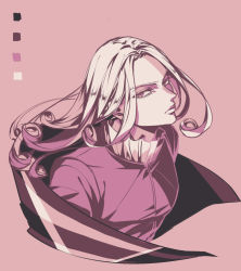 Rule 34 | 1boy, collar, curly hair, frilled collar, frills, funny valentine, highres, jojo no kimyou na bouken, long hair, male focus, pink eyes, simple background, solo, steel ball run