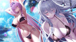 2girls alternate_costume arms_up azur_lane ball beachball bikini black_bikini blush breasts cleavage collarbone commentary_request covered_erect_nipples day hair_between_eyes hair_intakes highres holding holding_ball holding_beachball huge_breasts long_hair long_hair_between_eyes multi-strapped_bikini_bottom multiple_girls outdoors pale_skin palm_tree pink_hair poltava_(azur_lane) side-tie_bikini_bottom sovetsky_soyuz_(azur_lane) standing summer swimsuit tree very_long_hair wet white_hair yuuzuki_hijiri