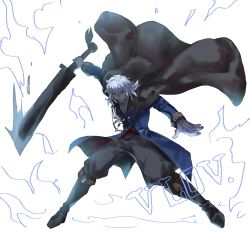 Rule 34 | 1boy, black pants, blue coat, border, clenched teeth, coat, coat on shoulders, full body, fur coat, gloves, grey hair, highres, long sleeves, looking at viewer, male focus, medium hair, open clothes, open coat, open mouth, outstretched arm, pants, parted lips, red eyes, sash, sidelocks, sword, teeth, tsukihime, tsukihime (remake), vlov arkhangel, weapon, white background, white gloves, white neckwear, winter clothes, winter coat