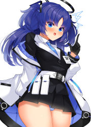 Rule 34 | 1girl, ^^^, belt, belt pouch, black jacket, black skirt, blue archive, blue eyes, blue hair, blue jacket, blue necktie, blue panties, blush, breasts, collared shirt, commentary request, cowboy shot, daichi (tokoya), formal, gloves, hair between eyes, half gloves, halo, highres, id card, jacket, long hair, looking at viewer, miniskirt, necktie, off shoulder, open clothes, open jacket, open mouth, panties, pantyshot, parted bangs, pleated skirt, pointing, pointing up, pouch, shirt, simple background, skirt, small breasts, solo, suit, two-sided fabric, two-sided jacket, two side up, underwear, v-shaped eyebrows, white background, white belt, white jacket, white shirt, yuuka (blue archive)