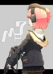 Rule 34 | 1girl, beret, blush, candy, food, girls&#039; frontline, gun, h&amp;k mp7, hat, headset, letterboxed, lollipop, mp7 (girls&#039; frontline), off shoulder, pantyhose, pink hair, pleated skirt, side ponytail, skirt, solo, submachine gun, tana (tanatana0918), weapon, yellow eyes