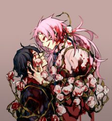 Rule 34 | 2boys, bleeding, blood, blood on clothes, blood on face, blood on flower, blood on hands, blue eyes, blue hair, chinese commentary, commentary request, dark blue hair, flower, grey background, hatsutori hajime, high collar, holding another&#039;s head, injury, long hair, male focus, multiple boys, nishikujic, open mouth, pink hair, red eyes, rose, saibou shinkyoku, scared, shirt, short hair, smile, spoilers, stole, translation request, utsugi noriyuki, white flower, white rose, white shirt, wide-eyed