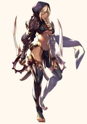 Rule 34 | 1girl, armor, backlighting, bikini, bikini armor, black bikini, black thighhighs, blonde hair, blue eyes, braid, breasts, bridal gauntlets, cleavage, commentary request, contrapposto, dagger, dark-skinned female, dark skin, dual wielding, full body, hair over one eye, hair over shoulder, highres, holding, holster, hood, hoodie, knife, kotatsu (g-rough), large breasts, lipstick, loincloth, long hair, looking at viewer, makeup, navel, original, pauldrons, pelvic curtain, revision, shoulder armor, simple background, single braid, solo, standing, swimsuit, thigh holster, thighhighs, throwing knife, toeless legwear, vambraces, weapon, yellow background