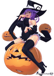 Rule 34 | 1girl, ;p, animal ears, blair (soul eater), boots, breasts, cat ears, detached sleeves, hat, high heel boots, high heels, jack-o&#039;-lantern, kajin (kajinman), large breasts, long hair, looking at viewer, one eye closed, paw pose, purple hair, solo, soul eater, thigh boots, thighhighs, tongue, tongue out, white background, witch hat, yellow eyes