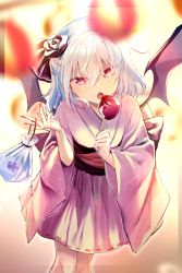 Rule 34 | 1girl, :o, bag, bat wings, blurry, blurry foreground, candy apple, commentary request, feet out of frame, fish, flower, food, hair between eyes, hair flower, hair ornament, hair ribbon, hand up, head tilt, highres, holding, holding food, japanese clothes, kimono, long sleeves, looking at viewer, nail polish, no headwear, obi, open mouth, pink kimono, plastic bag, red eyes, red flower, red nails, red ribbon, red rose, red sash, remilia scarlet, ribbon, ribbon trim, rose, sash, short hair, silver hair, solo, standing, touhou, wide sleeves, wings, yuki (popopo)
