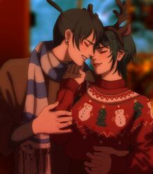 Rule 34 | 1boy, 1girl, animal ears, antlers, black hair, blurry, blurry background, chainsaw man, christmas, christmas tree print, closed eyes, earrings, eyepatch, fake animal ears, forehead-to-forehead, hayakawa aki, heads together, himeno (chainsaw man), horns, jewelry, moon (mewnbyul), red sweater, reindeer antlers, scarf, short hair, smile, snowman print, striped clothes, striped scarf, stud earrings, sweater, topknot, vertical-striped clothes, vertical-striped scarf