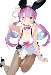 Rule 34 | 1girl, ;3, absurdres, ahoge, animal ears, arm up, armpits, bare shoulders, black hairband, blue hair, blue nails, blush, bow, bowtie, braid, breasts, brown pantyhose, cleavage, closed mouth, colored inner hair, detached collar, dress, earrings, fake animal ears, gaou (umaiyo puyoman), hairband, highres, hololive, jewelry, large breasts, looking at viewer, minato aqua, multicolored hair, nail polish, one eye closed, pantyhose, purple bow, purple bowtie, purple eyes, purple hair, rabbit ears, sitting, sleeveless, sleeveless dress, smile, solo, twintails, two-tone hair, virtual youtuber, white dress, wrist cuffs