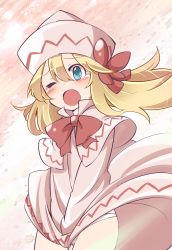 Rule 34 | 1girl, blonde hair, blue eyes, bow, capelet, covering privates, covering crotch, dress, gradient background, hat, hat bow, highres, lily white, long hair, one eye closed, open mouth, panties, pink dress, solo, tears, touhou, underwear, wind, wind lift, yutamaro