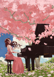 Rule 34 | 1girl, absurdres, brown hair, cherry blossoms, closed eyes, day, dress, flower, highres, instrument, long hair, music, original, outdoors, petals, piano, piano bench, pink dress, playing instrument, playing piano, qto toto, sitting, solo, tree