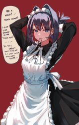 Rule 34 | 1girl, absurdres, alternate costume, apron, black dress, blue eyes, blush, bow, bow earrings, collared dress, dress, earrings, english text, frilled apron, frills, hair intakes, hair tie, highres, hololive, hololive english, jewelry, jl tan, long sleeves, looking at viewer, maid headdress, mouth hold, neck ribbon, ouro kronii, parted lips, purple bow, purple hair, red background, ribbon, short hair, simple background, solo, speech bubble, tying hair, virtual youtuber, white apron, white ribbon