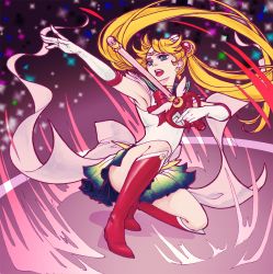 Rule 34 | 1girl, bishoujo senshi sailor moon, blonde hair, blue eyes, blue sailor collar, boots, choker, crescent, crescent earrings, crestomancer, double bun, earrings, elbow gloves, gloves, highres, holding, jewelry, knee boots, long hair, miniskirt, multicolored clothes, multicolored skirt, open mouth, pleated skirt, red footwear, ribbon, sailor collar, sailor moon, skirt, solo, sparkle, super sailor moon, tsukino usagi, twintails, very long hair, wand, white gloves