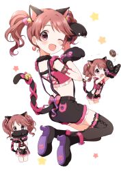 Rule 34 | 1girl, absurdres, alternate hairstyle, animal ears, animal hands, ankle boots, arm garter, back, bare shoulders, bell, black footwear, black shorts, black thighhighs, blush, boots, brown eyes, brown hair, buchi (y0u0ri ), cat ears, cat paws, cat tail, chibi, crop top, cropped shirt, doughnut, fake animal ears, fake tail, fang, food, frilled shirt, frills, from behind, highres, idolmaster, idolmaster cinderella girls, idolmaster cinderella girls starlight stage, jingle bell, long hair, looking at viewer, looking back, multiple views, one eye closed, open mouth, pink ribbon, pink shirt, ribbon, shiina noriko, shirt, shoe soles, shorts, smile, star (symbol), starry background, suspender shorts, suspenders, tail, tail bell, tail ornament, tail ribbon, thighhighs, twintails, white background