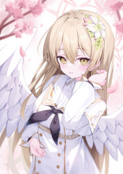 Rule 34 | absurdres, angel wings, black neckerchief, blonde hair, blue archive, blush, breasts, cherry blossoms, collared shirt, dress, feathered wings, flower, gou 213, grin, hair between eyes, hair flower, hair ornament, halo, hand on own stomach, hand to head, highres, light blush, long hair, long sleeves, looking at viewer, nagisa (blue archive), neckerchief, open mouth, school uniform, serafuku, shirt, simple background, small breasts, smile, tree, white background, white dress, white serafuku, white shirt, white wings, wings, yellow eyes