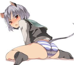 Rule 34 | 1girl, animal ears, ass, bad id, bad twitter id, black socks, blush, eyebrows, from behind, full-face blush, full body, grey hair, hasebe yuusaku, long sleeves, looking at viewer, looking back, mouse ears, mouse tail, nazrin, no pants, open mouth, panties, red eyes, shirt, short hair, simple background, sitting, socks, solo, striped clothes, striped panties, sweatdrop, tail, touhou, underwear, vest, wariza, white background