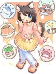 Rule 34 | 1girl, ;d, animal ears, bad id, bad pixiv id, bell, black hair, blue eyes, blush, bow, bubble, cat, cat ears, cat tail, cat teaser, collar, fish, food, fruit, grass, hair ornament, hairclip, index finger raised, kotatsu, long sleeves, mandarin orange, mary janes, mizuno mumomo, neck bell, one eye closed, open mouth, original, pantyhose, pet food, shoes, skirt, smile, solo, sparkle, star (symbol), table, tail, white pantyhose, wink