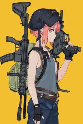 Rule 34 | 10s, 1girl, ar-15, assault rifle, backpack, bag, belt, black gloves, closed mouth, cowboy shot, crossover, denim, fingerless gloves, flat chest, foregrip, from side, gloves, gun, gun sling, h&amp;k hk416, heckler &amp; koch, helmet, highres, jeans, kantai collection, looking at viewer, machine pistol, mask, mask on head, micro uzi, pants, pink eyes, pink hair, playerunknown&#039;s battlegrounds, profile, rifle, ruisento, short hair, simple background, solo, magazine (weapon), submachine gun, suppressor, tank top, trigger discipline, uzi, vertical forward grip, weapon, welding mask, yellow background, z3 max schultz (kancolle)