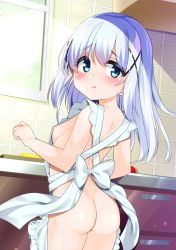 Rule 34 | 1girl, :t, absurdres, apron, ass, bare arms, bare shoulders, blue eyes, blue hair, blush, bow, breasts, cacao (chocolat), closed mouth, commentary request, cowboy shot, day, frilled apron, frills, gochuumon wa usagi desu ka?, hair between eyes, hair ornament, highres, indoors, kafuu chino, long hair, looking at viewer, looking back, naked apron, nipples, pout, small breasts, solo, tile wall, tiles, white apron, white bow, window, x hair ornament