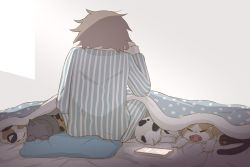 Rule 34 | 1boy, absurdres, animal, avogado6, blanket, cat, cellphone, commentary, from behind, grey hair, highres, long sleeves, male focus, morning, original, pajamas, phone, pillow, short hair, sleeping, sleeping animal, solo, striped clothes, striped pajamas, waking up, yawning