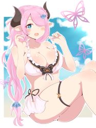 Rule 34 | 1girl, :d, arlonn, bare arms, bare shoulders, bikini, bikini top only, black ribbon, blue sky, blush, body blush, breasts, bug, butterfly, cleavage, cloud, day, draph, feet out of frame, frilled bikini, frilled bikini top, frills, granblue fantasy, hair ornament, hair over one eye, hairpin, hands up, highres, horns, insect, knees together feet apart, large breasts, lifting own clothes, long hair, low-tied long hair, narmaya (granblue fantasy), narmaya (summer) (granblue fantasy), open mouth, outside border, pink hair, pink pupils, ponytail, ribbon, sitting, sky, smile, solo, stomach, strap lift, swimsuit, tareme, thigh strap, very long hair, white bikini