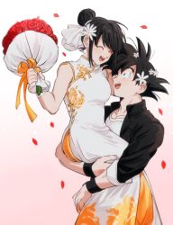 Rule 34 | 1boy, 1girl, :d, ^ ^, bare arms, bare shoulders, black eyes, black hair, black jacket, blunt bangs, blurry, blurry background, blush, bouquet, breasts, carrying, chi-chi (dragon ball), china dress, chinese clothes, closed eyes, collared jacket, commentary request, couple, dragon ball, dragonball z, dress, earrings, fingernails, floral print, flower, gradient background, haha (haha db), hair bun, hair flower, hair ornament, hetero, high collar, highres, holding, holding bouquet, holding flower, husband and wife, jacket, jewelry, korean commentary, long dress, long sleeves, looking at another, looking up, medium breasts, messy hair, mixed-language commentary, muscular, open clothes, open jacket, open mouth, pectorals, petals, pink background, profile, red flower, red rose, rose, shaded face, shirt, side slit, sidelocks, simple background, single hair bun, sleeveless, sleeveless dress, smile, son goku, spiked hair, teeth, upper body, upper teeth only, white background, white dress, white shirt, wristband