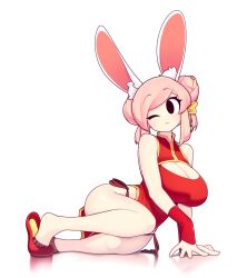 Rule 34 | 1girl, ;3, animal ear fluff, animal ears, bare legs, bare shoulders, black eyes, breasts, china dress, chinese clothes, cleavage cutout, clothing cutout, commentary, double bun, dress, english commentary, fiz (fizintine), fizintine, full body, hair bun, highres, large breasts, no pupils, one eye closed, original, panties, pink hair, rabbit ears, red dress, red footwear, shoes, side-tie panties, side slit, simple background, sleeveless, sleeveless dress, solo, swept bangs, underwear, white background
