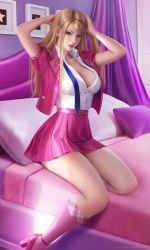 Rule 34 | arms behind head, barbie (character), barbie (franchise), barbie princess charm school, bed, bedroom, blair (barbie), blazer, blonde hair, blouse, breasts, cleavage, curtains, hand on own head, highres, jacket, large breasts, long hair, miniskirt, necktie, photo (object), pillow, pink footwear, pink jacket, plaid, plaid blazer, plaid skirt, plaid trim, purple eyes, resolution mismatch, room, school, school uniform, shirt, skirt, solo, source smaller, thighs, unbuttoned, unbuttoned shirt, undone necktie, white shirt, wickellia
