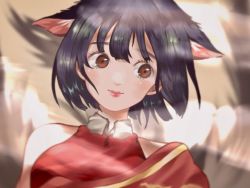 1girl, animal ears, black hair, brown eyes, closed mouth, commentary request, eyelashes, highres, lipstick, makeup, original, short hair, smile, solo, sophia vera lu