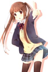 Rule 34 | 1girl, absurdres, bad id, bad pixiv id, black jacket, black thighhighs, blazer, bow, bowtie, brown eyes, brown hair, cowboy shot, dress shirt, hand on own hip, highres, index finger raised, jacket, kotori (gokigen iori), long hair, looking at viewer, miniskirt, open clothes, open jacket, original, outstretched arm, pleated skirt, school uniform, shadow, shiny clothes, shirt, simple background, skirt, solo, standing, striped bow, striped bowtie, striped clothes, striped neckwear, sweater, thighhighs, twintails, very long hair, white background, white shirt, yellow sweater, zettai ryouiki