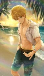 Rule 34 | 1boy, arthur pendragon (fate), arthur pendragon (hero on the beach) (fate), bare pectorals, beach, bird, blonde hair, blue male swimwear, blue swim trunks, bracelet, cloud, cowboy shot, craft essence (fate), drawstring, fate/grand order, fate/prototype, fate (series), feet out of frame, floral print, floral swimsuit, green eyes, hibiscus print, jacket, jewelry, kouzuki kei, looking at viewer, male focus, male swimwear, necklace, official art, open clothes, open jacket, outdoors, palm tree, pectorals, print male swimwear, print swim trunks, print swimsuit, seagull, sky, smile, solo, standing, summer, sunset, swim trunks, swimsuit, tree, water, white jacket