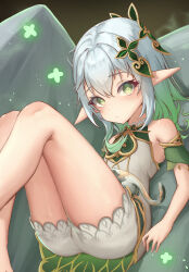 Rule 34 | 1girl, absurdres, bare legs, bare shoulders, blush, cat, closed mouth, couch, cross-shaped pupils, detached sleeves, dress, flat chest, genshin impact, gold trim, gradient hair, green dress, green eyes, green hair, grey hair, hair between eyes, hair ornament, highres, leaf hair ornament, legs up, looking at viewer, lying, medium hair, multicolored hair, nahida (genshin impact), on back, on couch, pointy ears, short dress, short shorts, short sleeves, shorts, sleeveless, sleeveless dress, solo, symbol-shaped pupils, two-tone dress, white dress, white shorts, xiao xiao tian