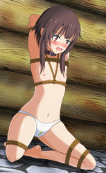 Rule 34 | 1girl, armpits, arms behind head, arms up, barefoot, bdsm, blush, bondage, bound, bound arms, bound legs, brown hair, collar, constricted pupils, dutch angle, embarrassed, female focus, flat chest, full body, have to pee, highres, indoors, kneeling, kono subarashii sekai ni shukufuku wo!, medium hair, megamin, megumin, natsuki-s, navel, nipples, nose blush, open mouth, panties, pee, peeing, peeing self, red eyes, rope, sidelocks, skindentation, solo, spread legs, stomach, tears, textless version, topless, underwear, underwear only, wet, wet clothes, wet panties, white panties, wide-eyed
